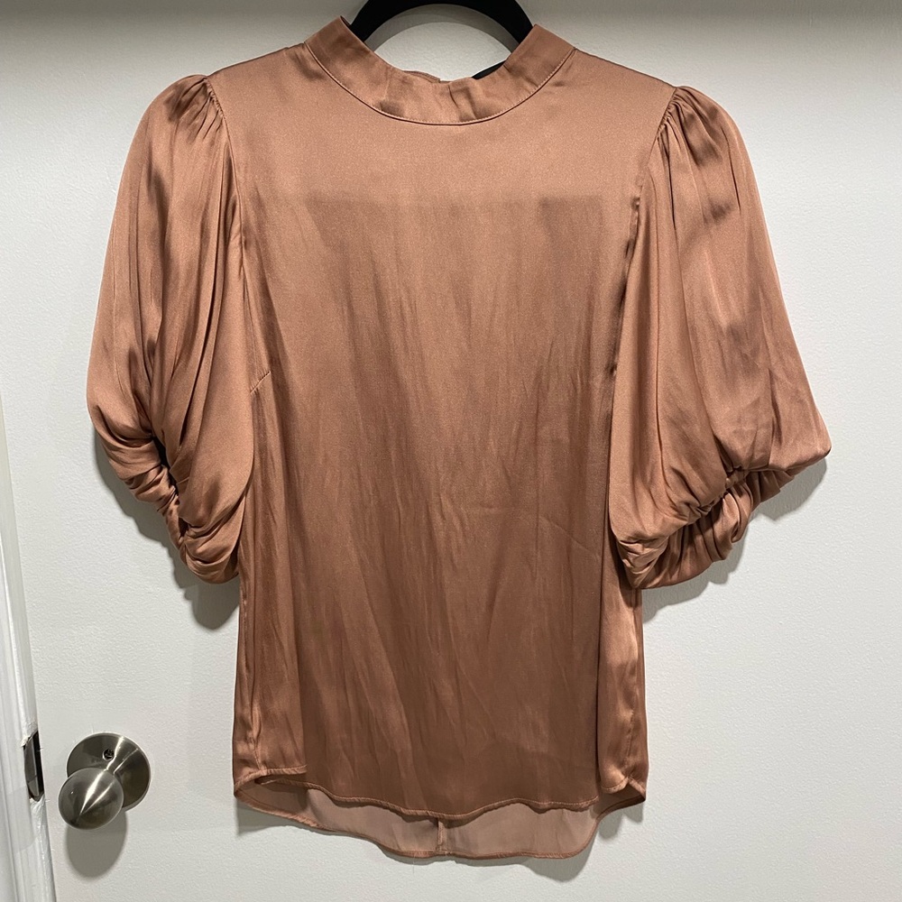 MINKPINK Satin Puff Sleeve Blouse in Bronze